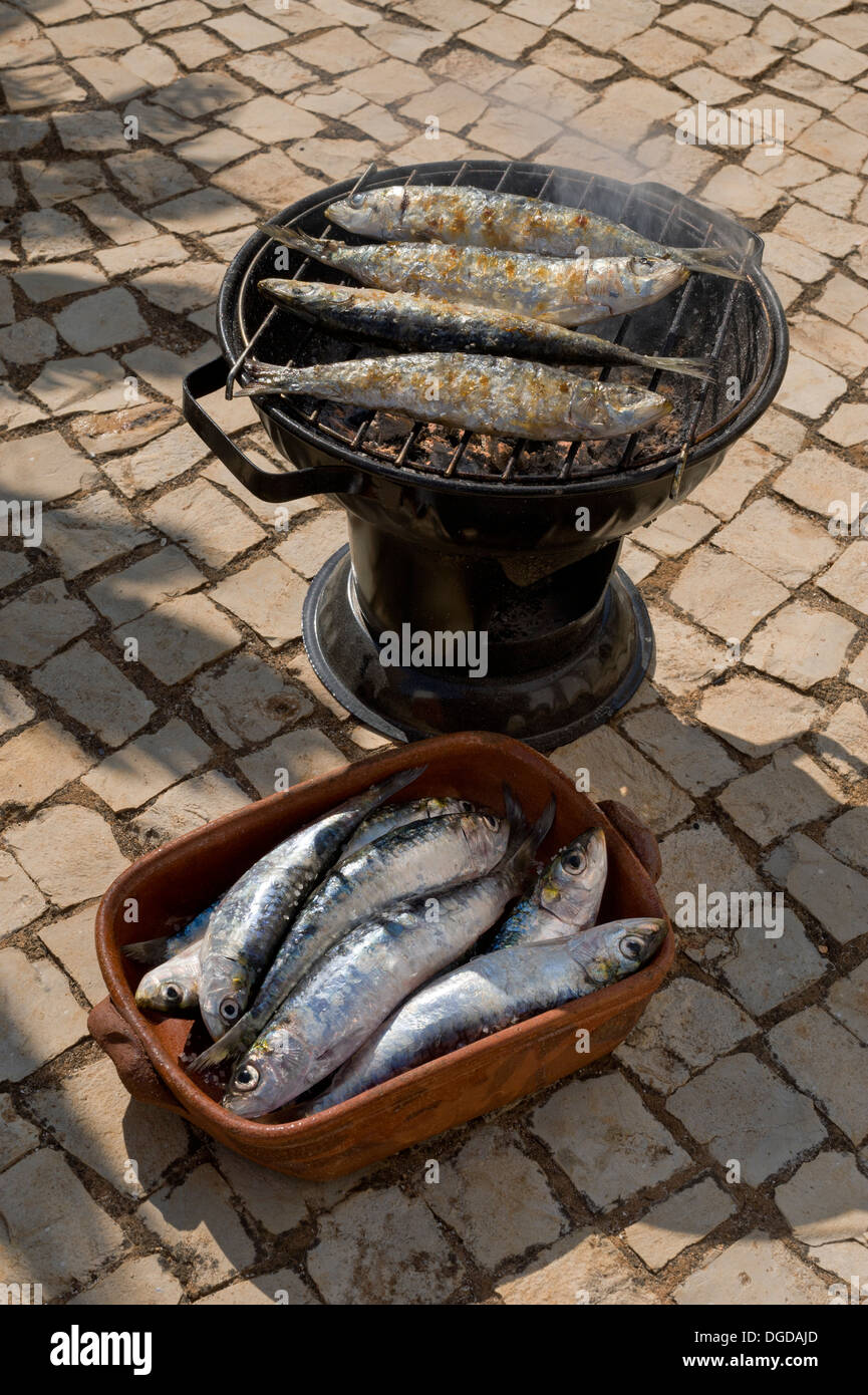 Portugal, the Algarve, sardines on a rustic grill on cobbles in the