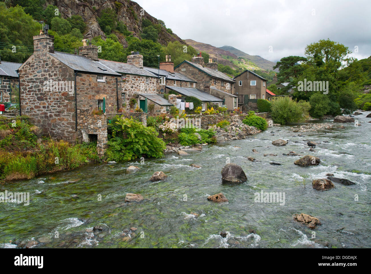 Stone houses by the River Colwyn in the village of Beddgelert, Gwynedd