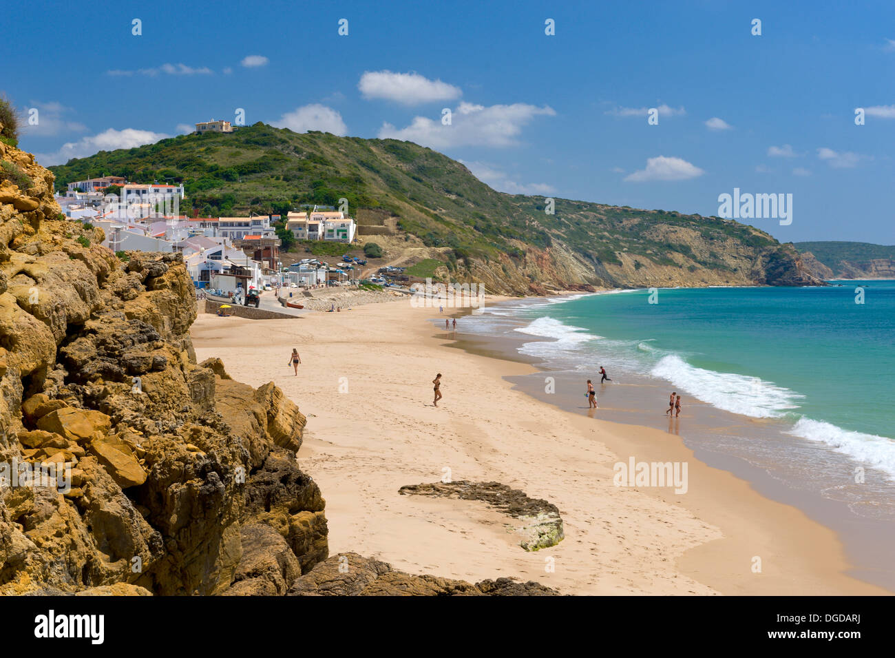 Portugal, the Western Algarve, Praia da Salema beach and village Stock Photo