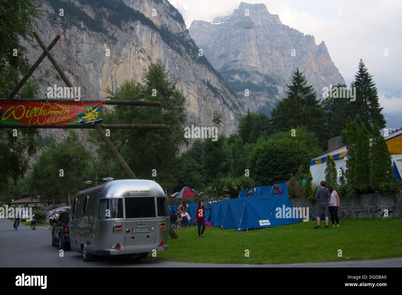 'Camping Jungfrau' Campsite in the Lauterbrunnen valley, Bernese Oberland, Switzerland Stock Photo