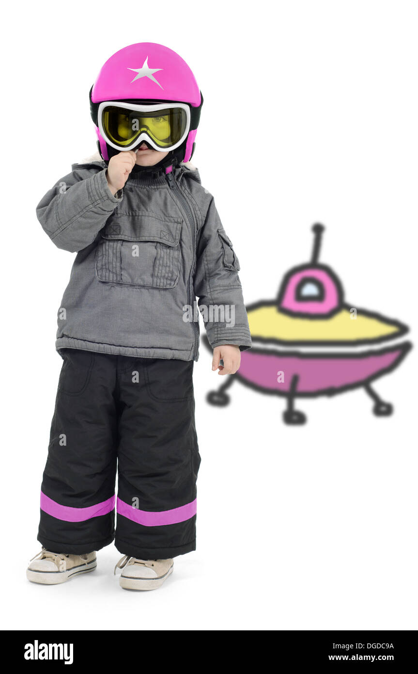 Kid girl astronaut with spaceship Stock Photo