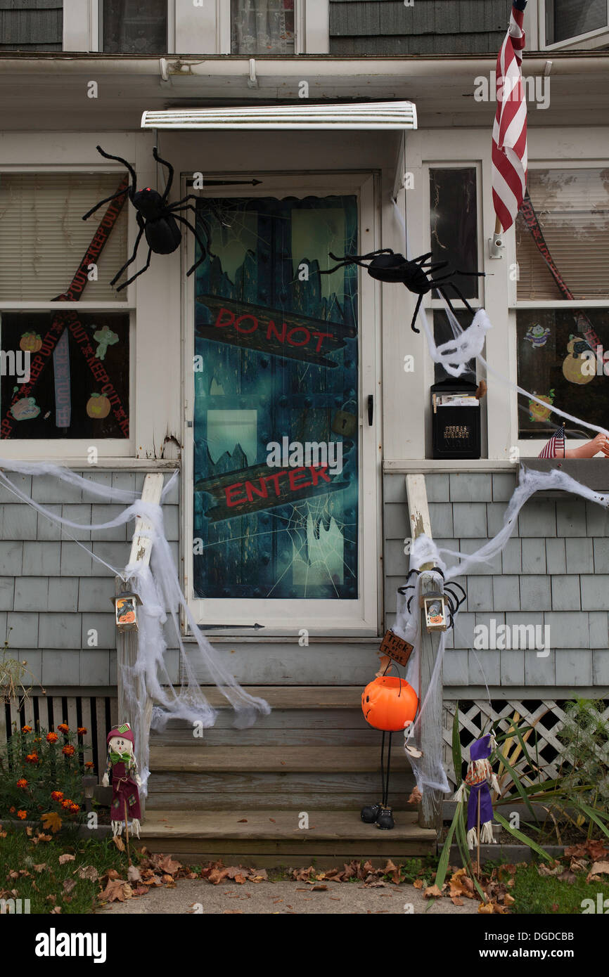 Halloween decorations on the front door of New England home in a