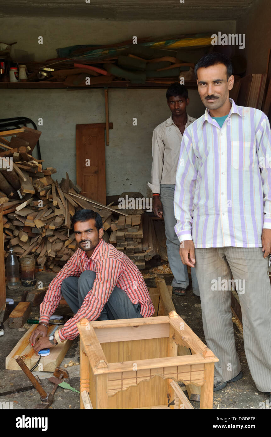 Woodworkers in workshop, Almora, India Stock Photo