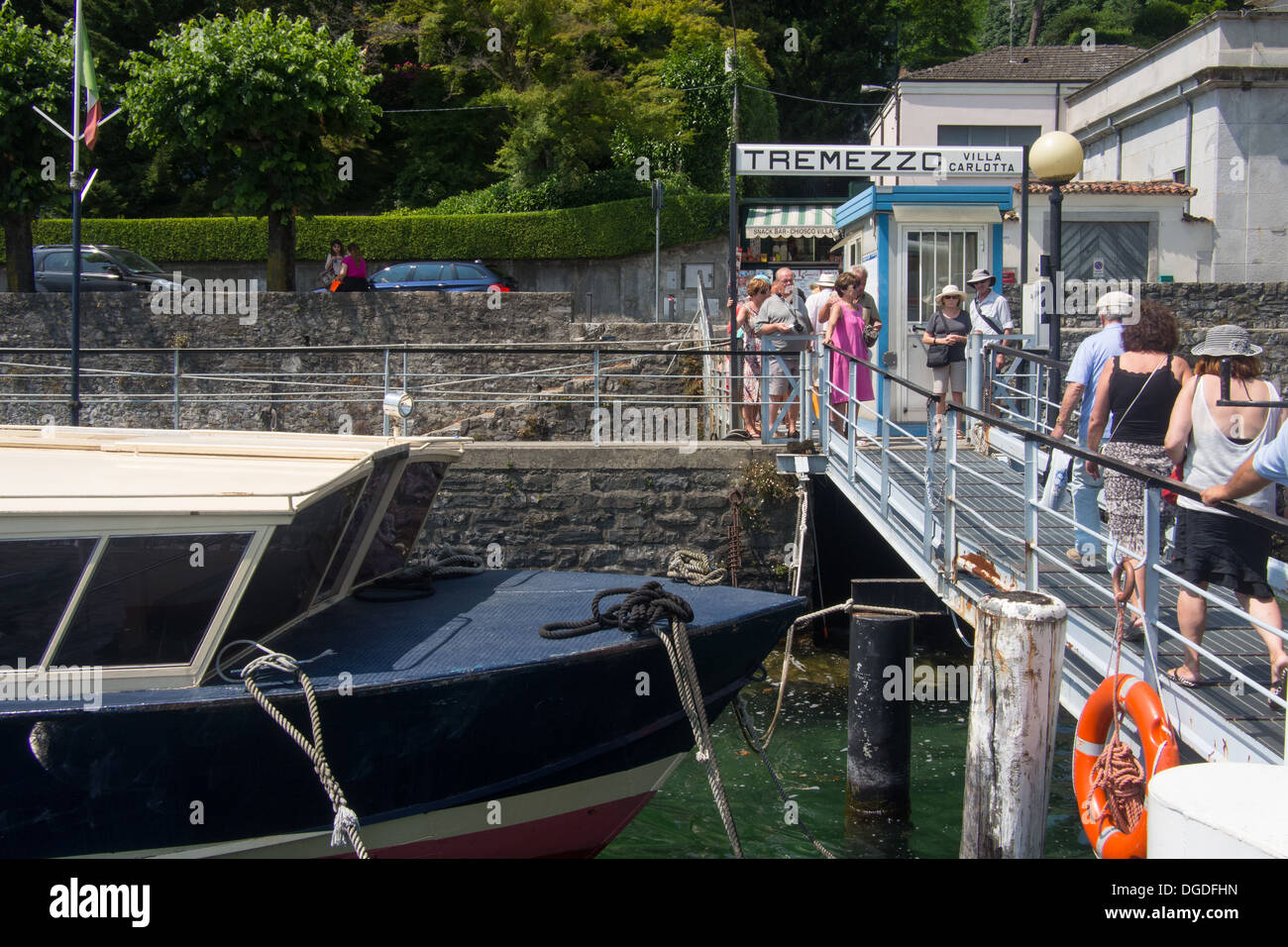 Tremezzo 'Villa Carlotta' passenger boat stop, Lake Como, Lombardy, Italy. Stock Photo