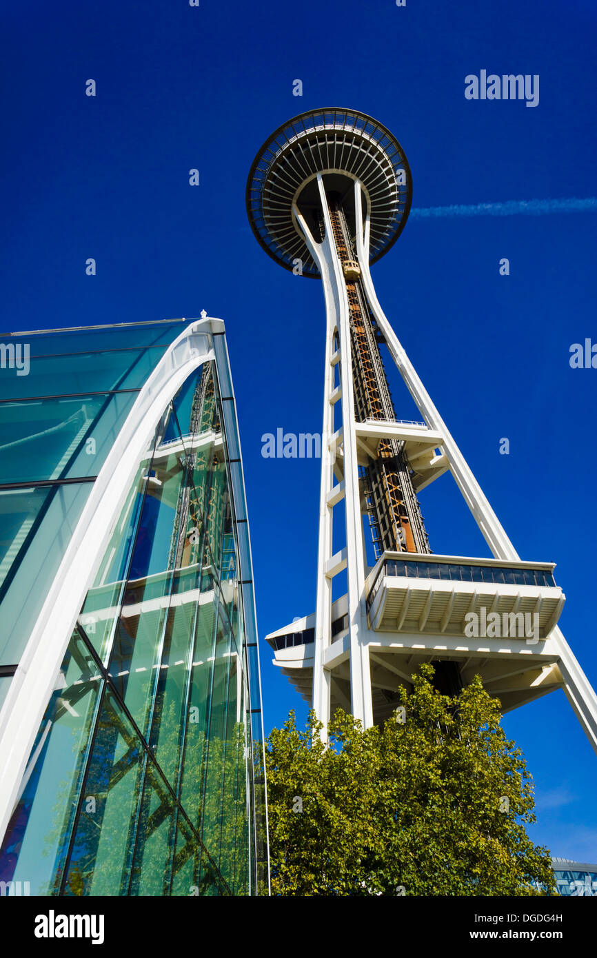 Chihuly Glasshouse and Space Needle. Seattle, Washington, USA Stock