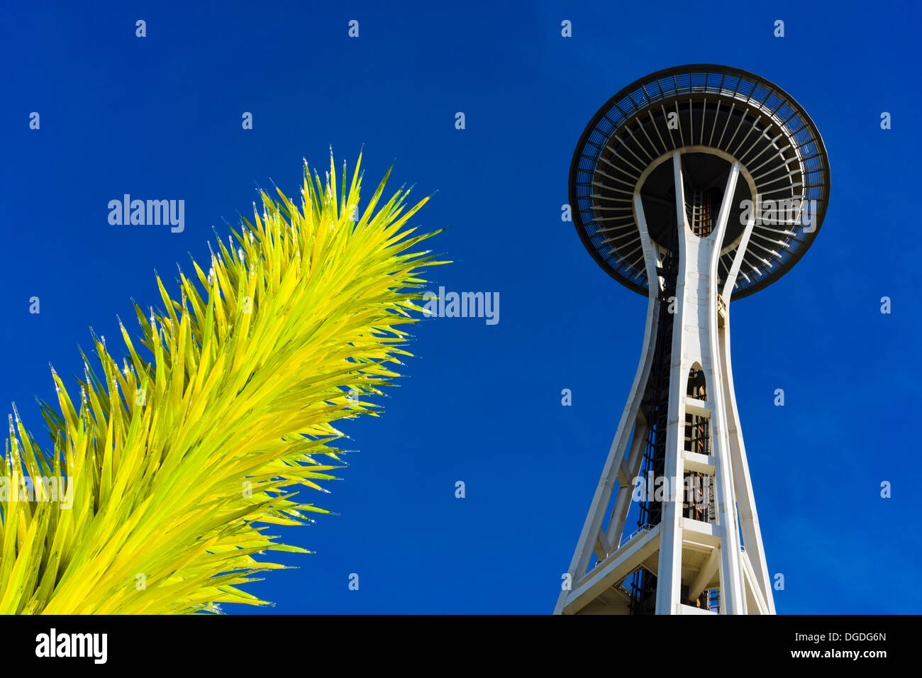 Glass sculpture and Space Needle. Chihuly Garden and Glass, Seattle, Washington, USA. Stock Photo