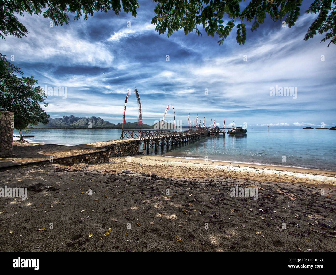 The main pier on Komodo Island, natural habitat of the Komodo Dragon in East Nusa Tenggara, Indonesia. Stock Photo