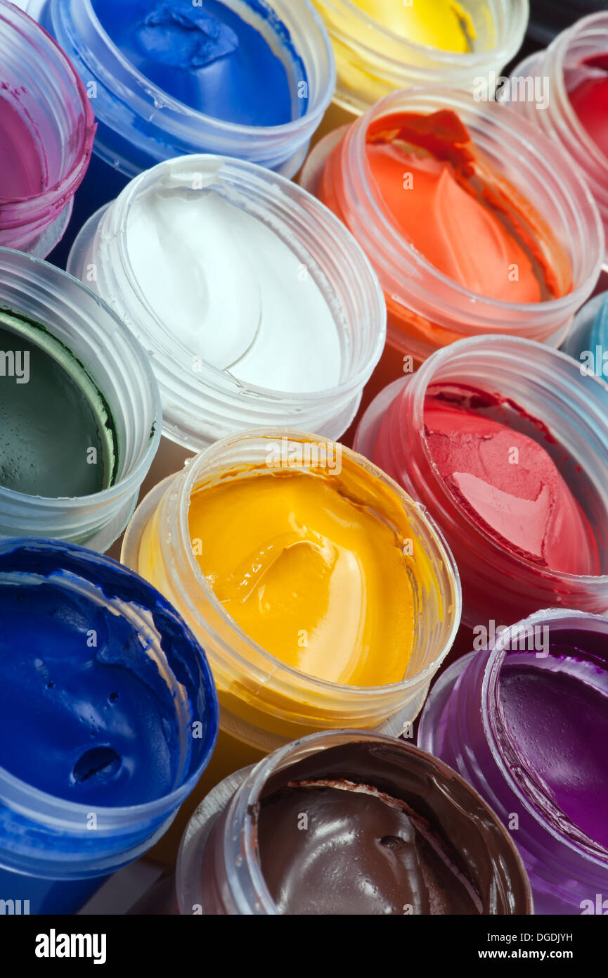 Closeup of opened jairs of gouache paints Stock Photo Alamy