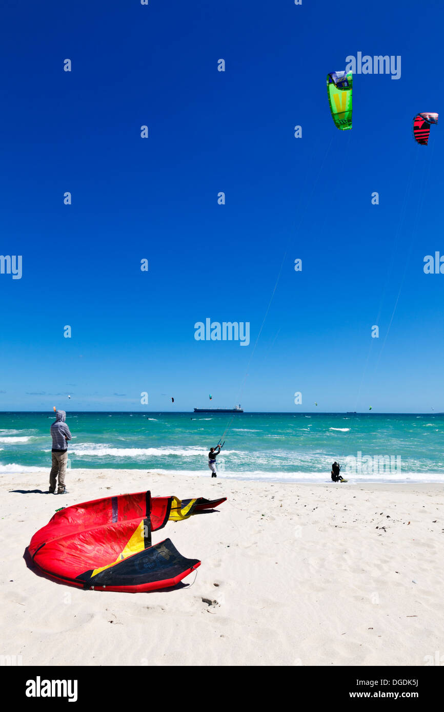 Kiteboarders on Blouberg beach near Cape Town South Africa. This area