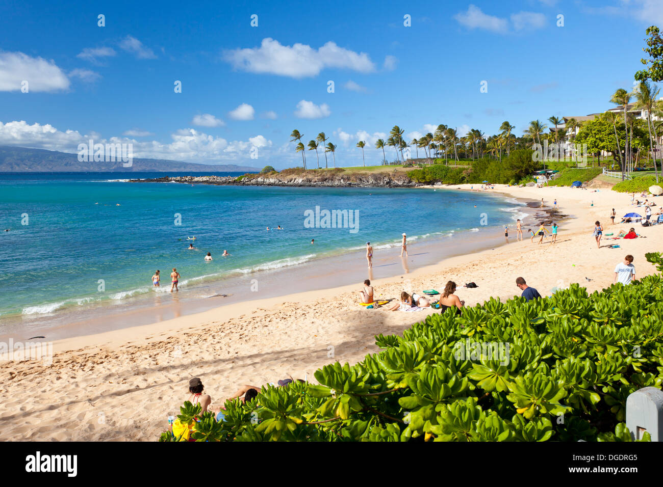 Lahaina Beach with some palm trees and people in Maui, Hawaii. Molokai in the background. Stock Photo