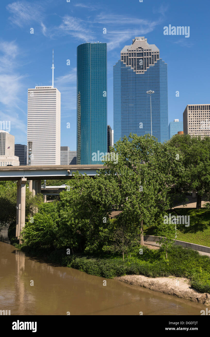 Houston skyline and road bridge on sunny day with blue sky Stock Photo