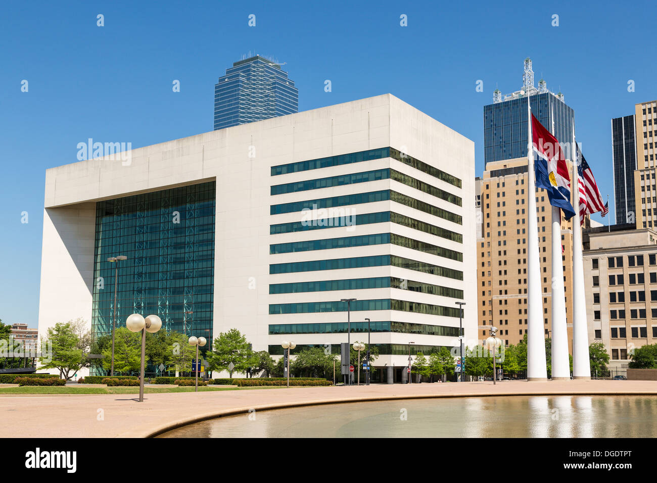 City Hall flags Park Plaza downtown Dallas skyline Texas USA Stock Photo