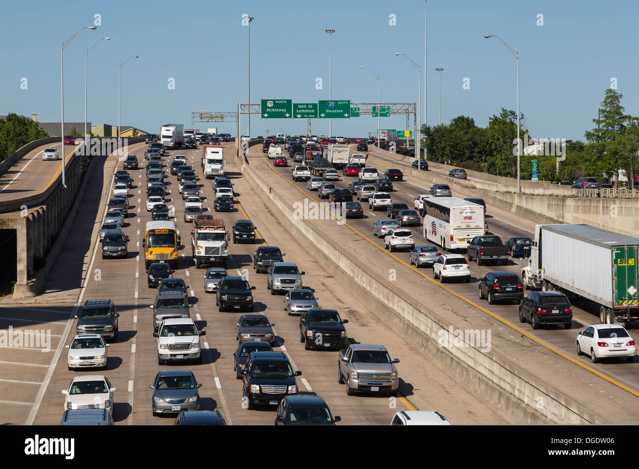 Heavy traffic on Central Expressway Freeway 45 highway Dallas Texas USA Stock Photo