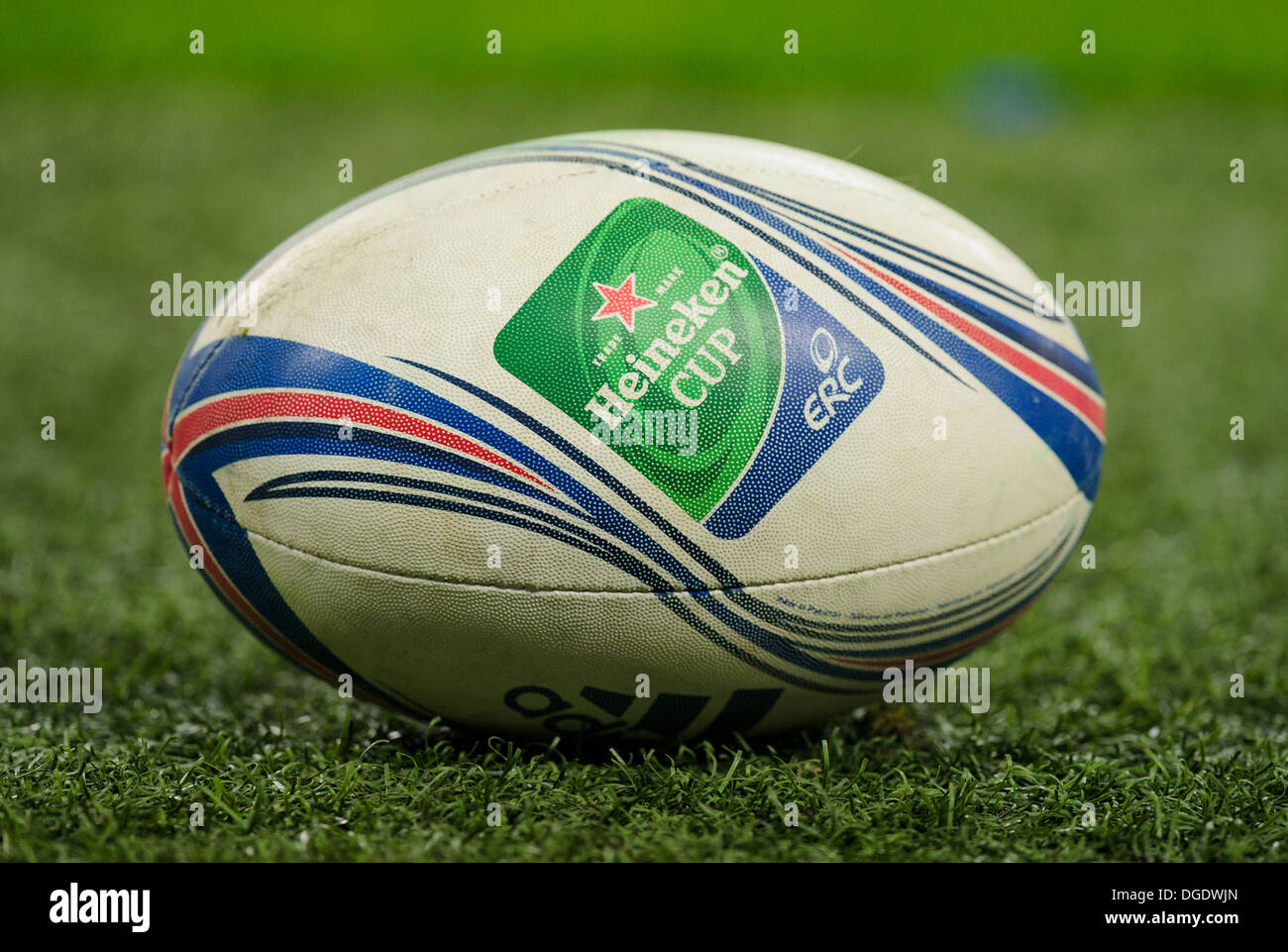 A Heineken Cup ball with ERC Heineken Cup Rugby branding on it Stock Photo