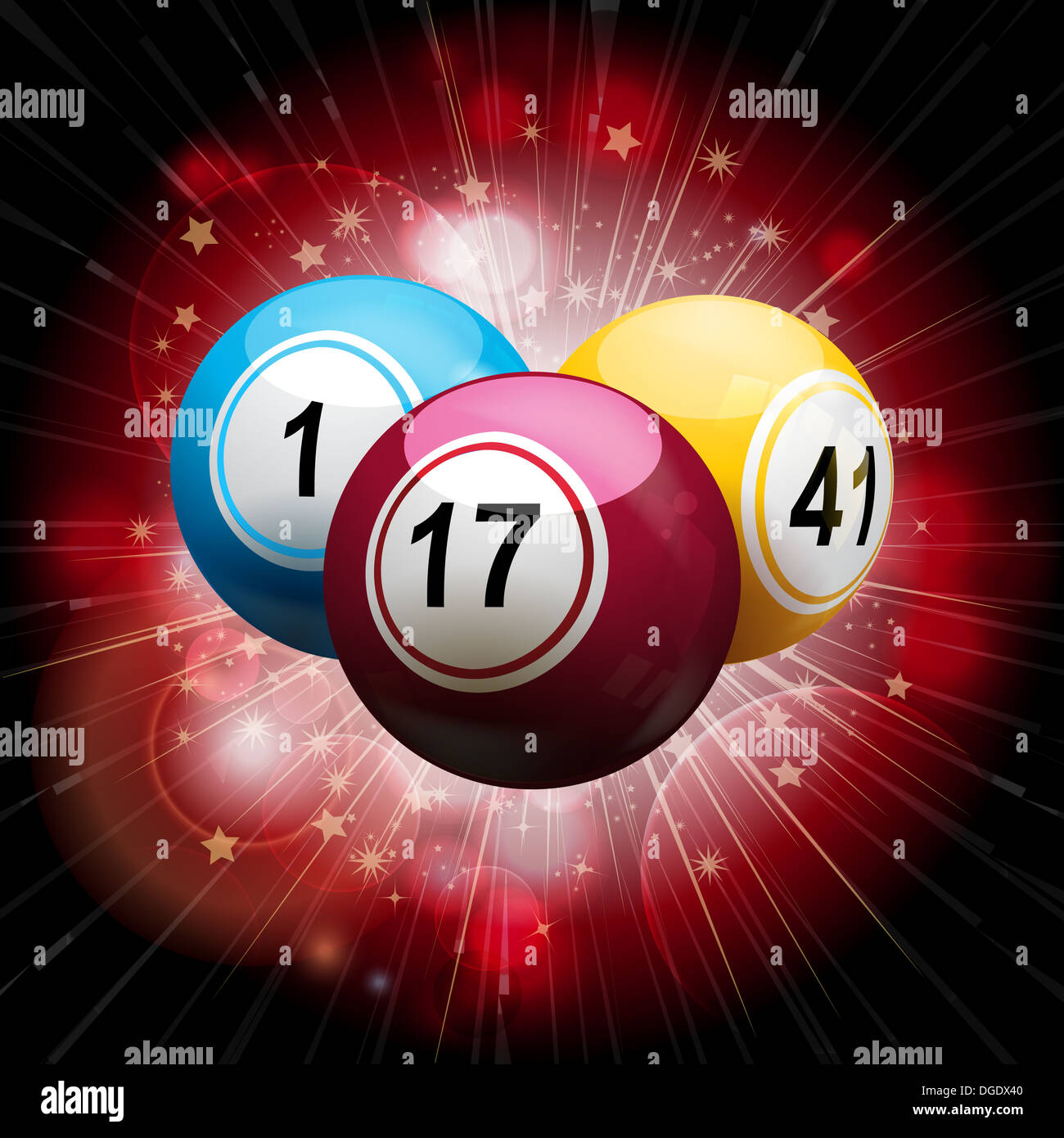 Bingo balls on a red star burst background Stock Photo Alamy