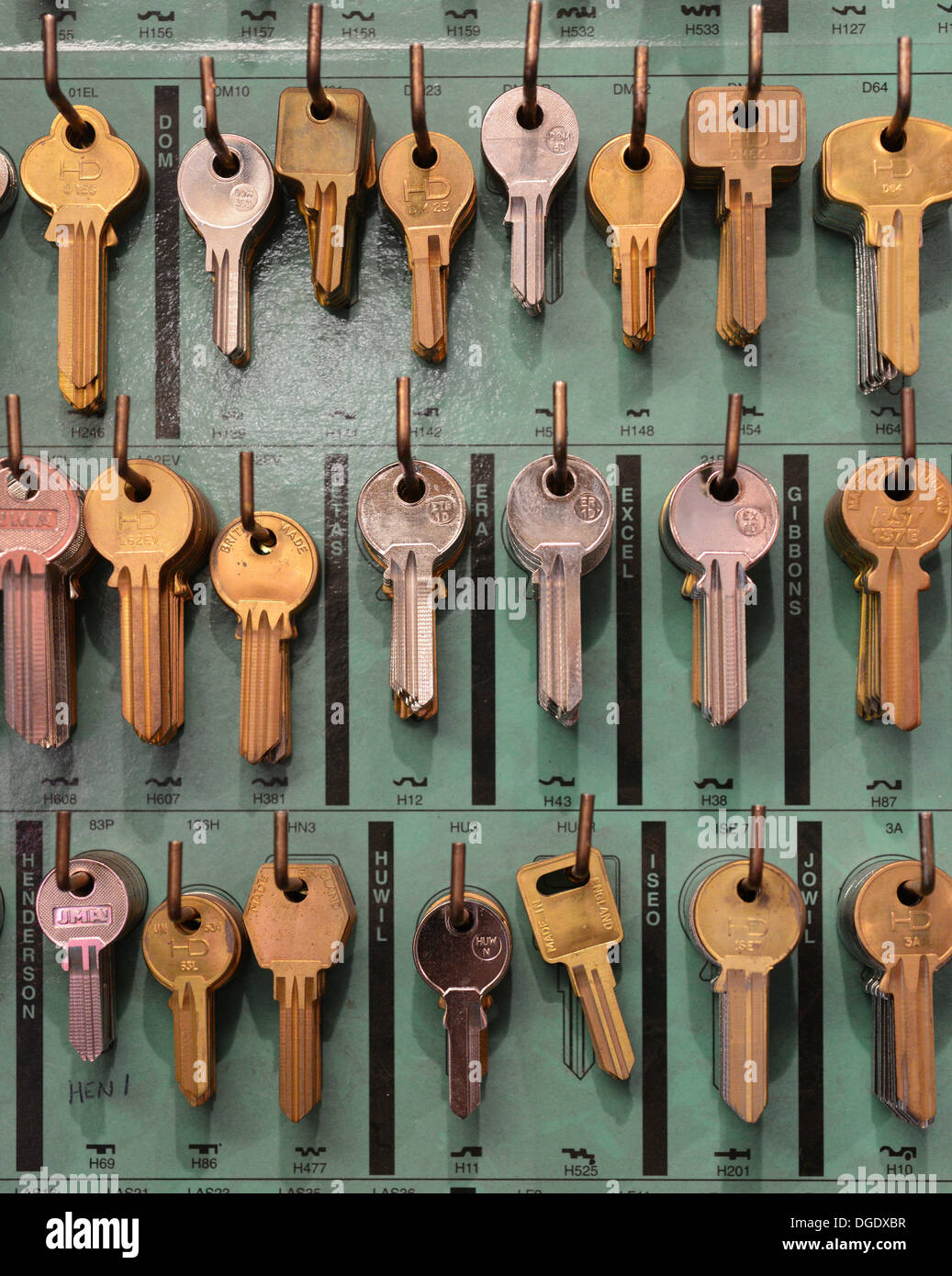 racks of keys at key cutting shop Stock Photo