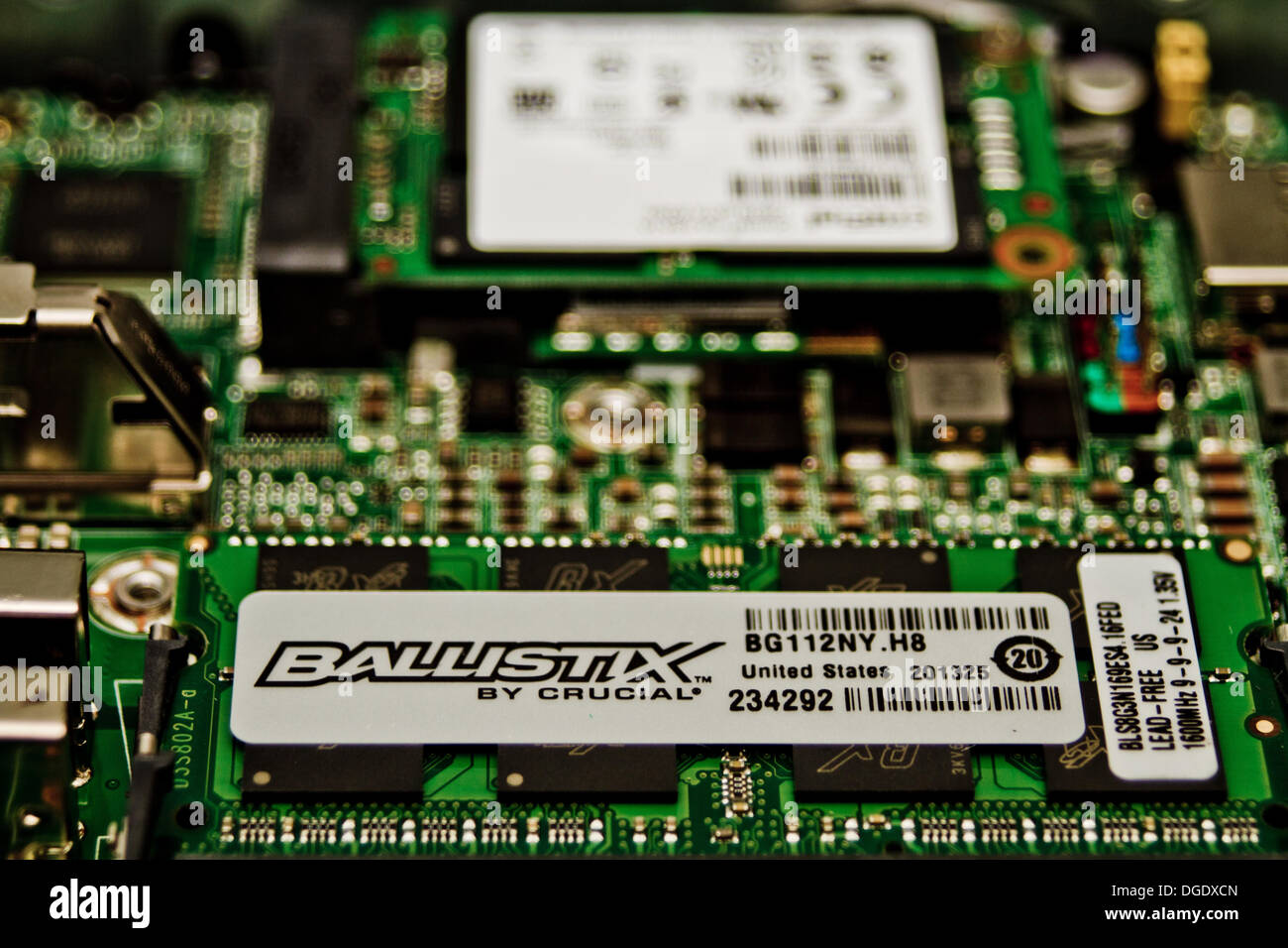 Memory module installed in the motherboard of a modern mini desktop computer Stock Photo