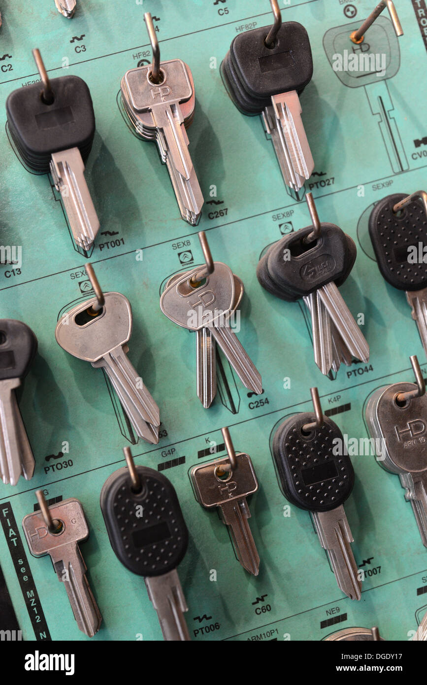 racks of keys at key cutting shop Stock Photo