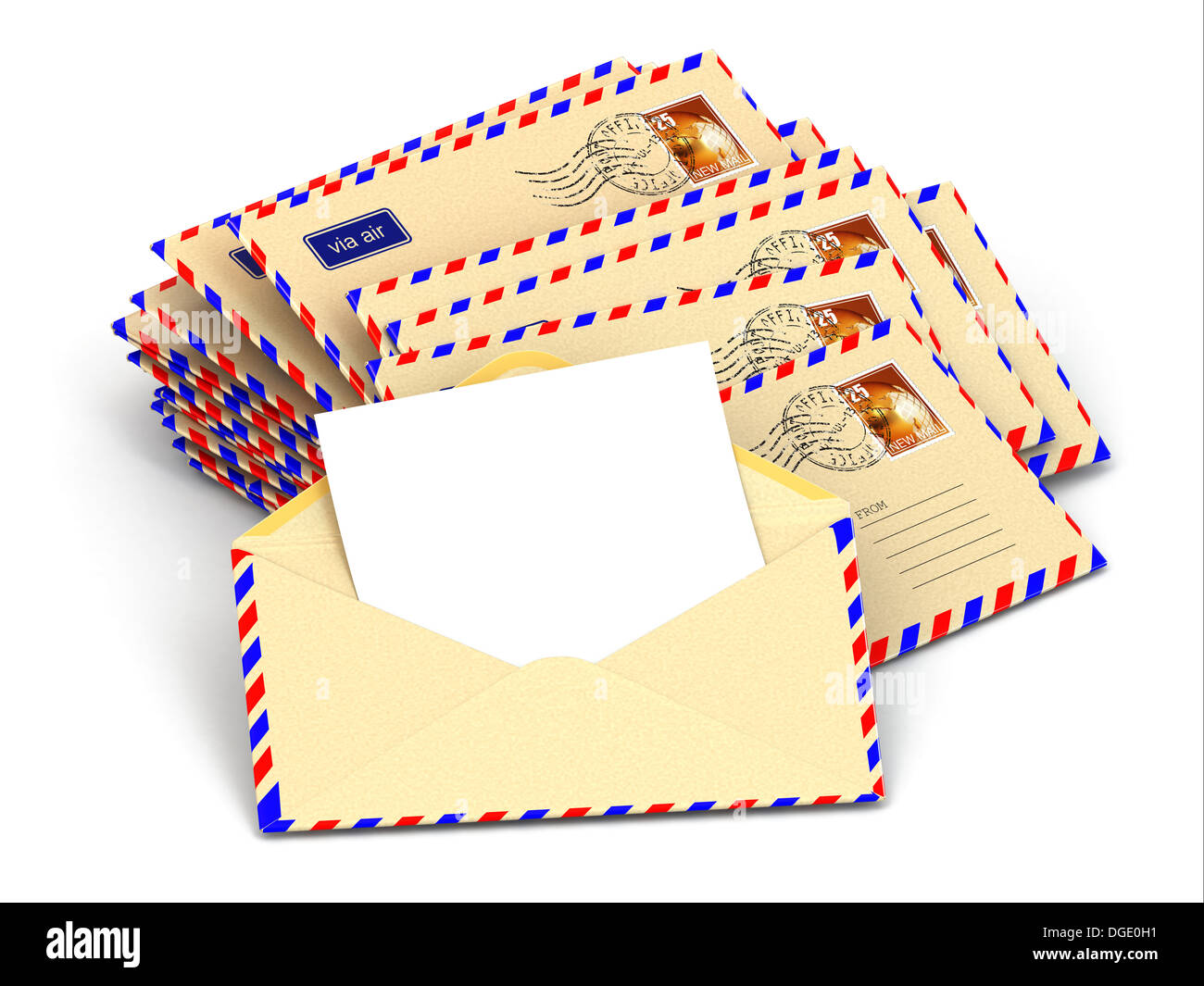 Mail. Stack of envelopes and empty letters. 3d Stock Photo