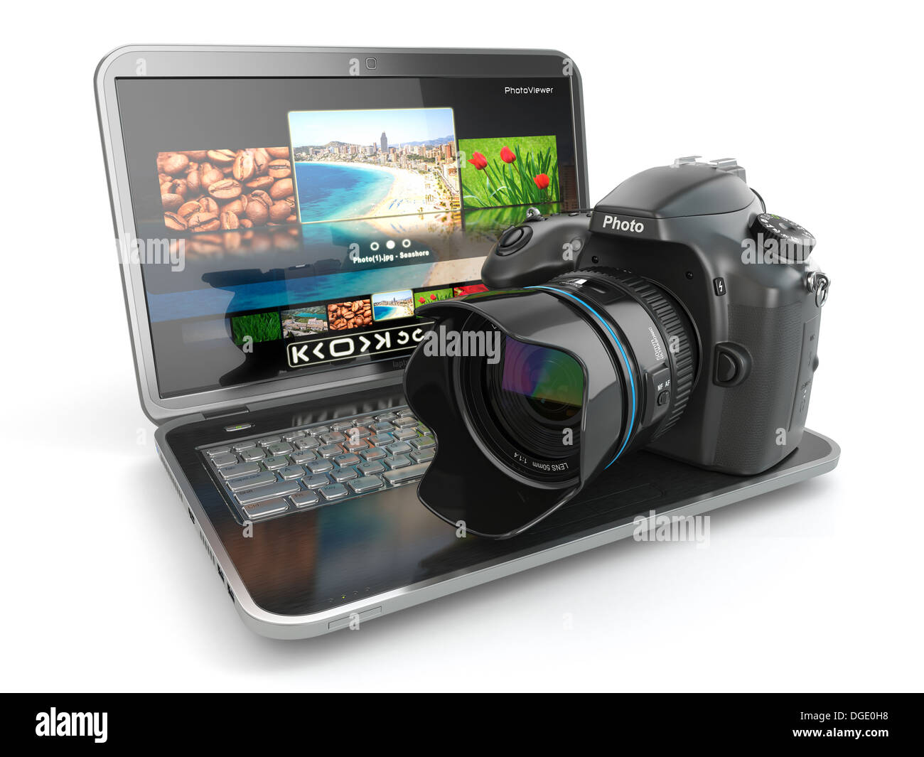 Digital photo camera and laptop. Journalist or traveler equipment. 3d Stock Photo