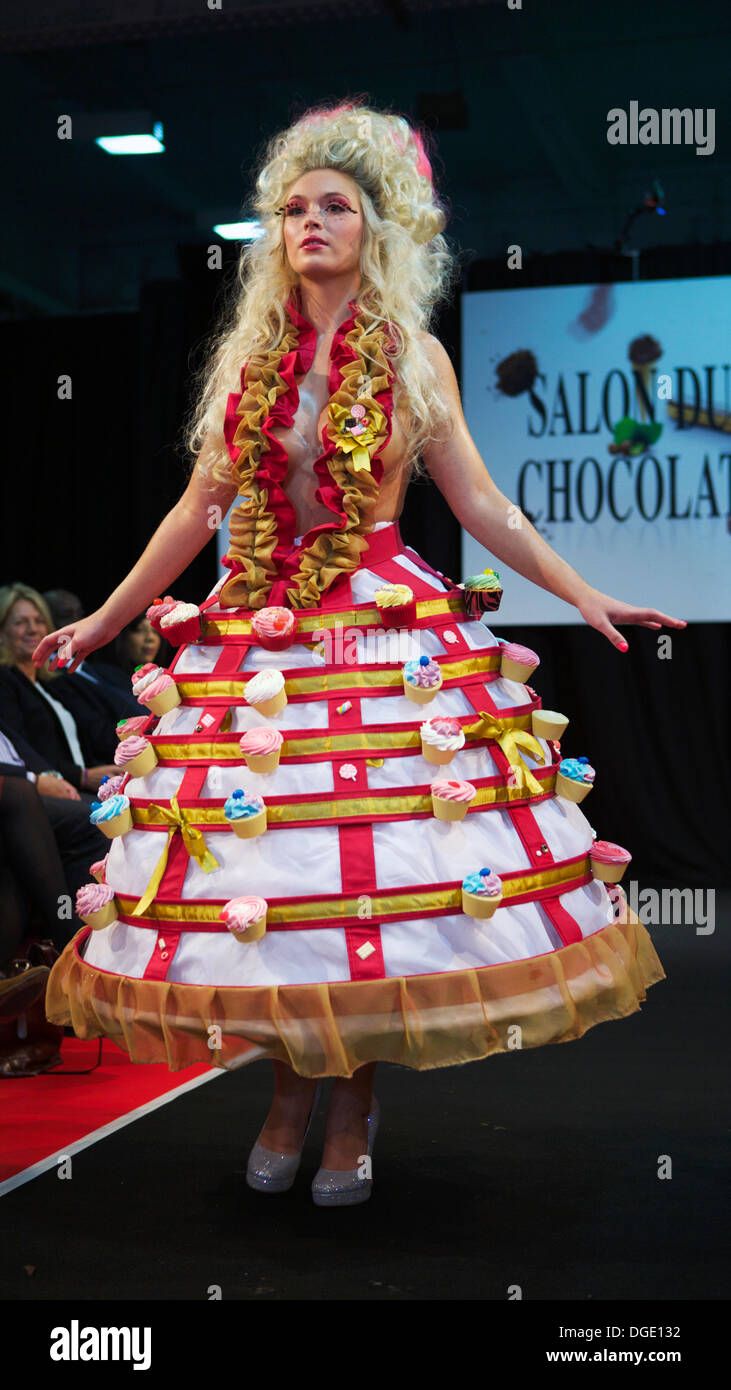 Olympia, London, UK 18 October 2013. Salon Du Chocolat - world famous - chocolate fashion show. Stunning couture outfits made and inspired by chocolate, designed by UK and international top chocolatiers together with some of the most exciting fashion designers. Credit:  Tony Farrugia/Alamy Live News Stock Photo