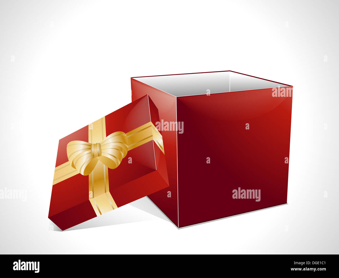 Red Christmas gift box background with gold ribbon and ow Stock Photo