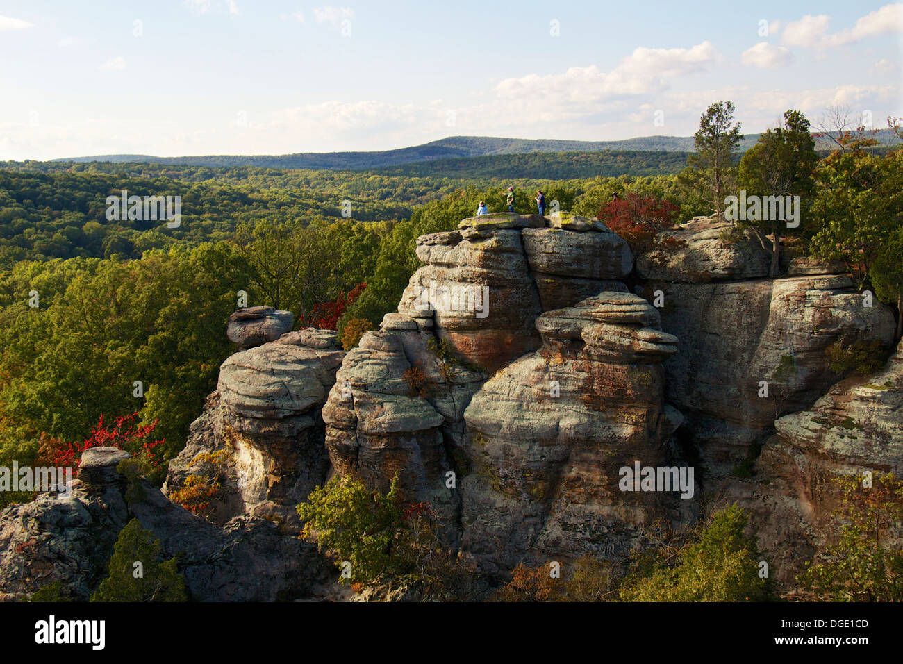 Garden of the Gods Recreation Area, southern Illinois. Hikers on top of cliffs. Stock Photo