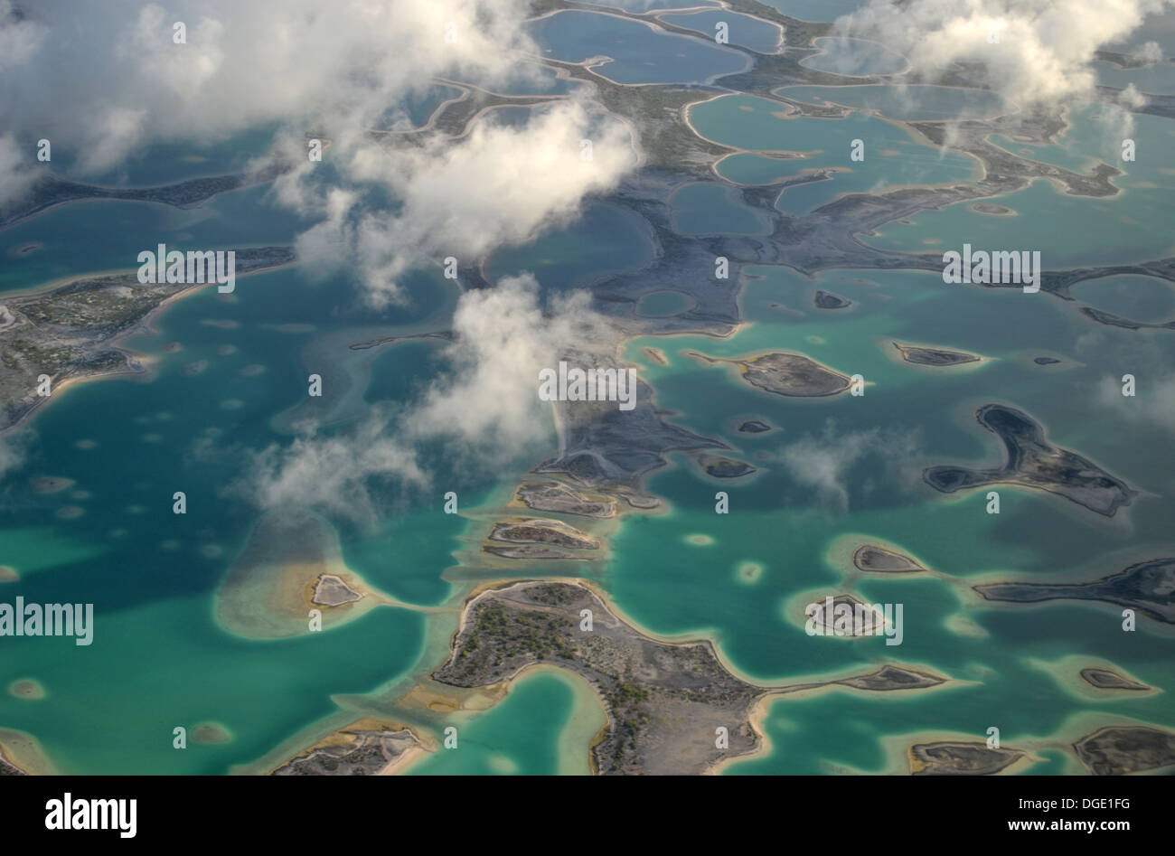 Aerial view of hypersaline lakes in Christmas Island (Kiritimati
