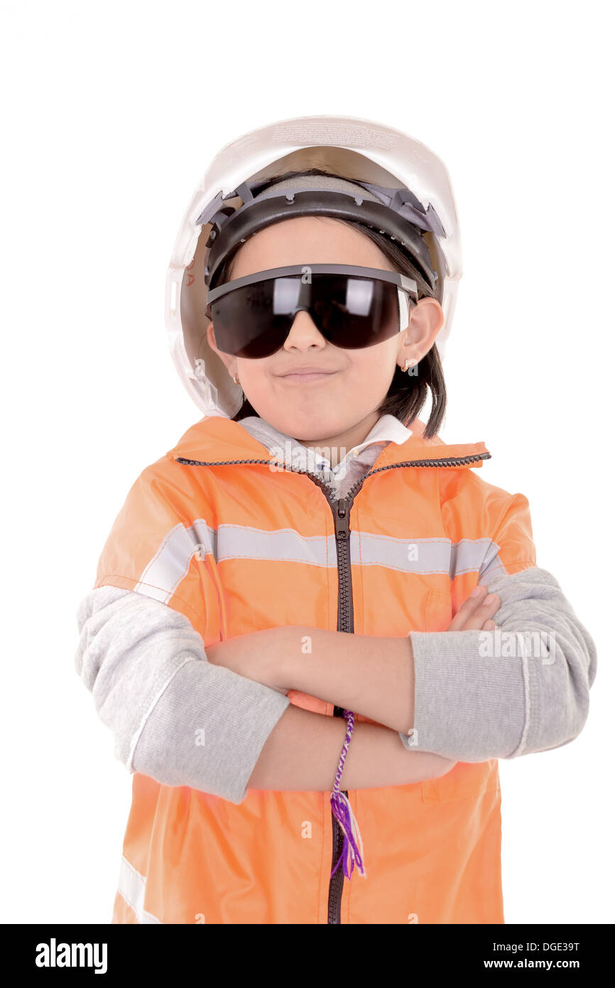 young girl construction worker in a hard hat and vest Stock Photo Alamy
