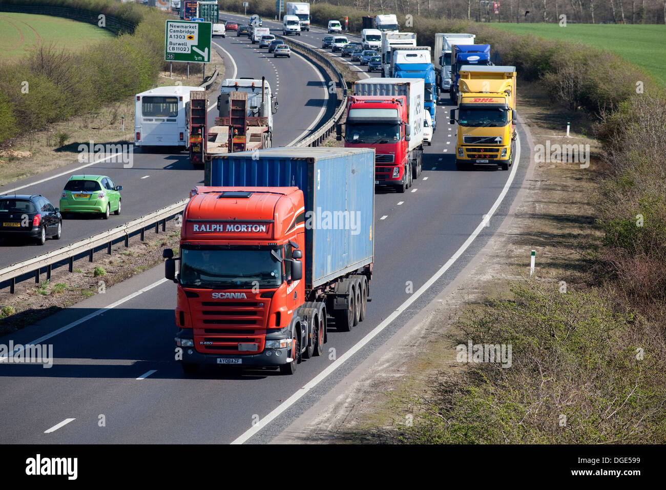 Lorries causing hold up on the A14 motor way. Stock Photo