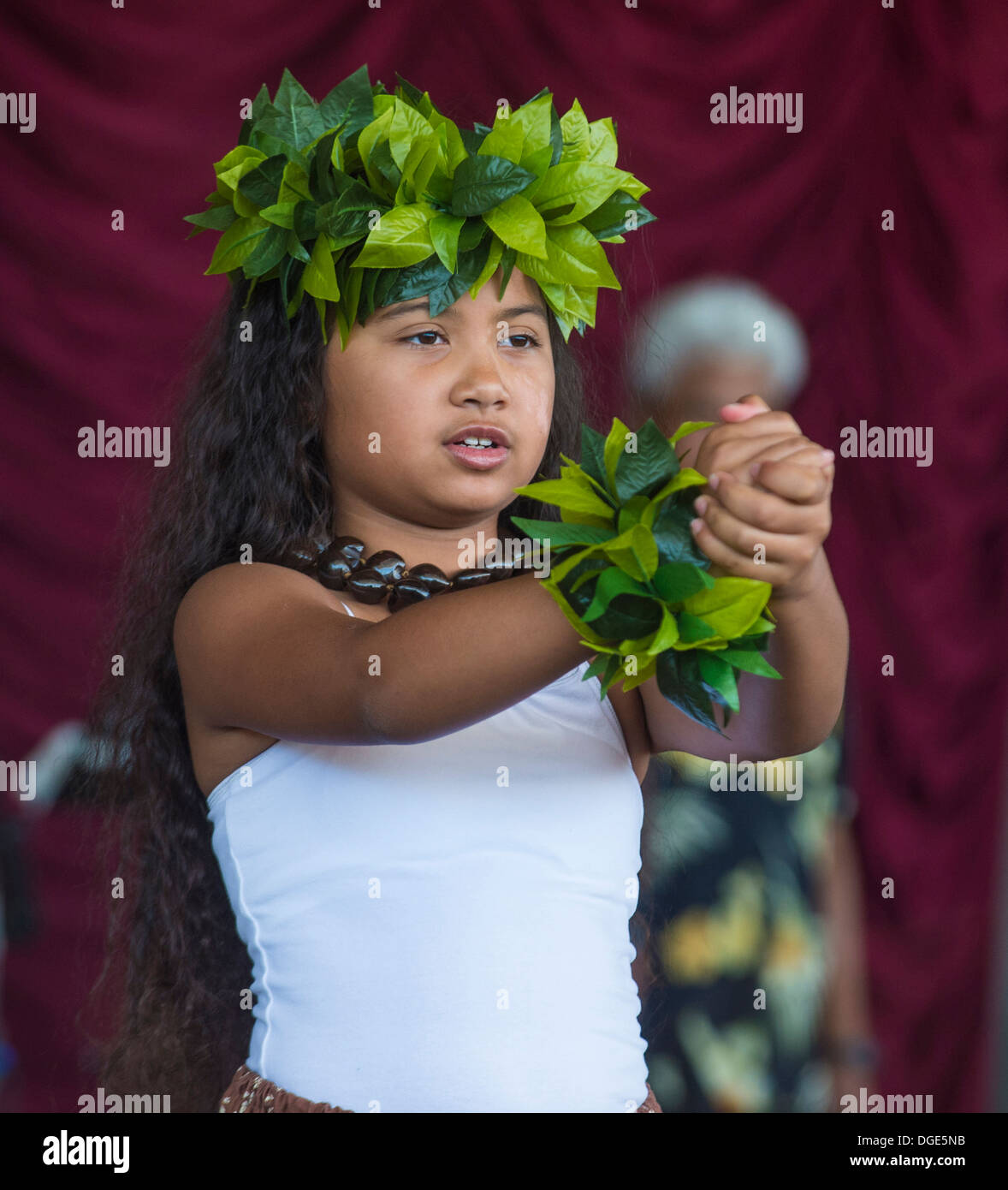Dancer with traditional dress performs Hawaiian dance in the 23rd Annual Hoolaulea Pacific Islands Festival in Henderson Nevada Stock Photo