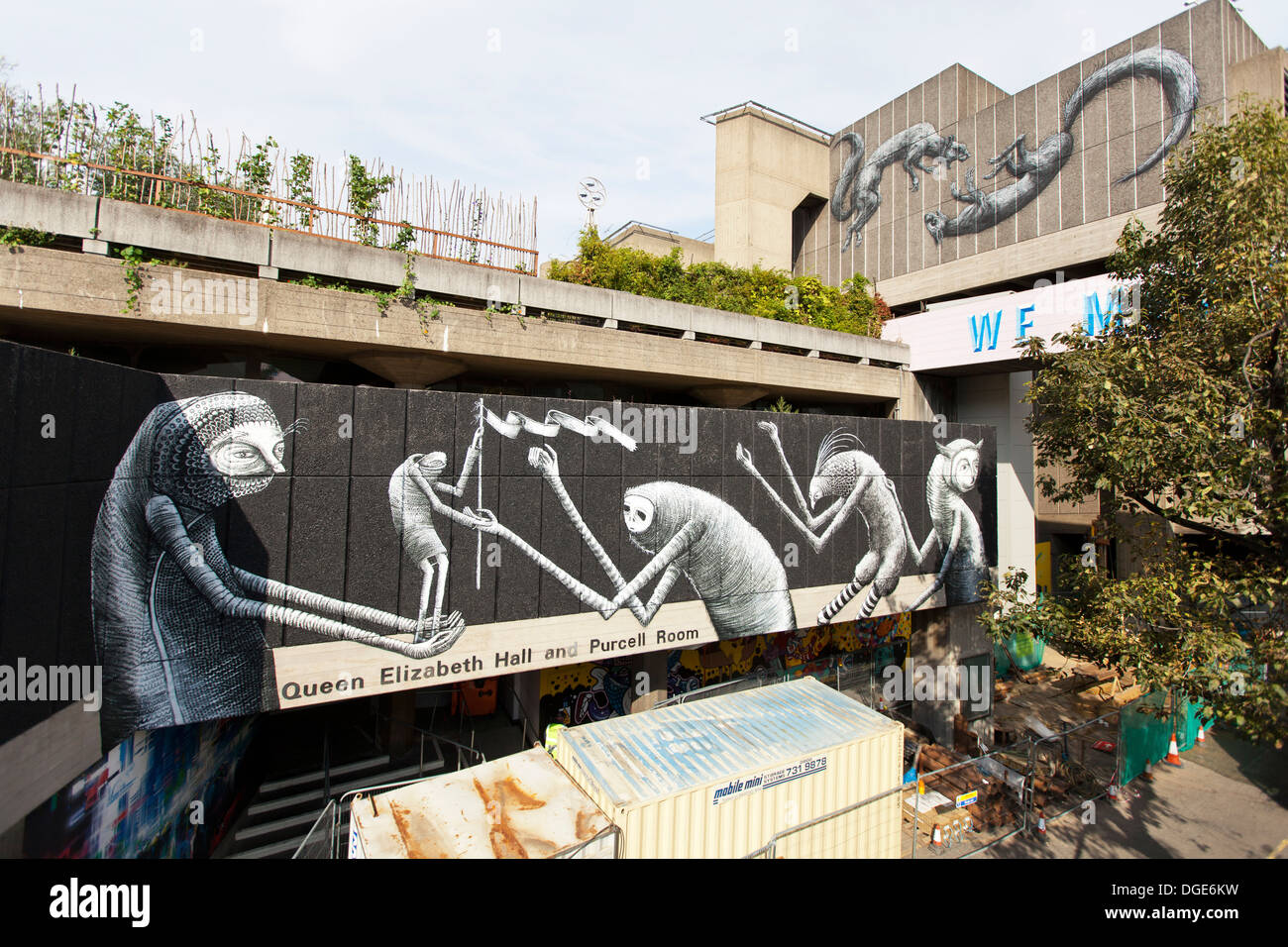 Murals by Phlegm in the foreground & Roa in the background, Queen Elizabeth Hall, Southbank, London. Stock Photo