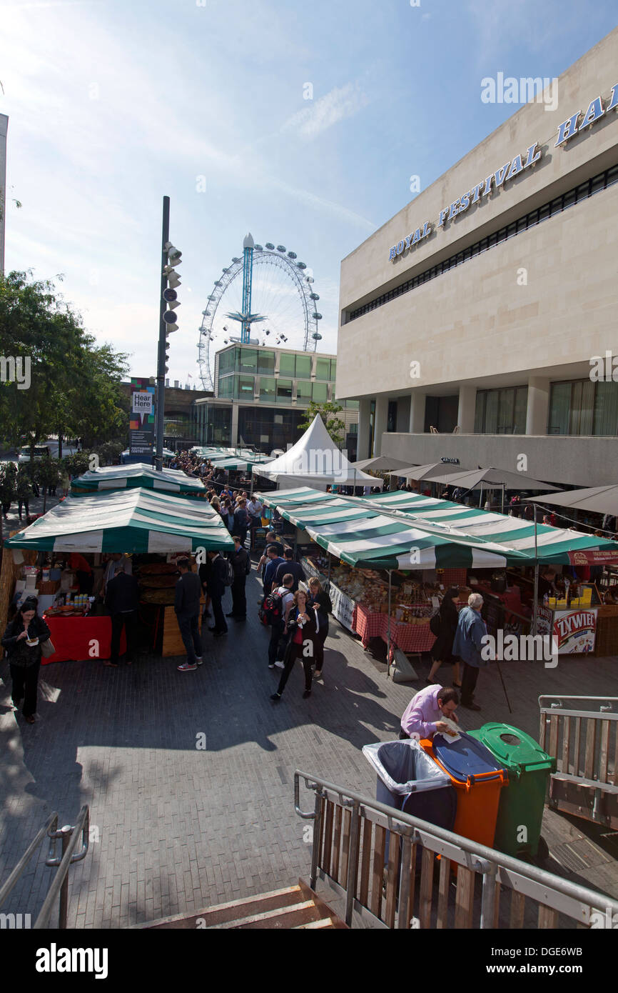 Real Food Market behind the Royal Festival Hall and the London Eye, Southbank Centre London, UK. Stock Photo