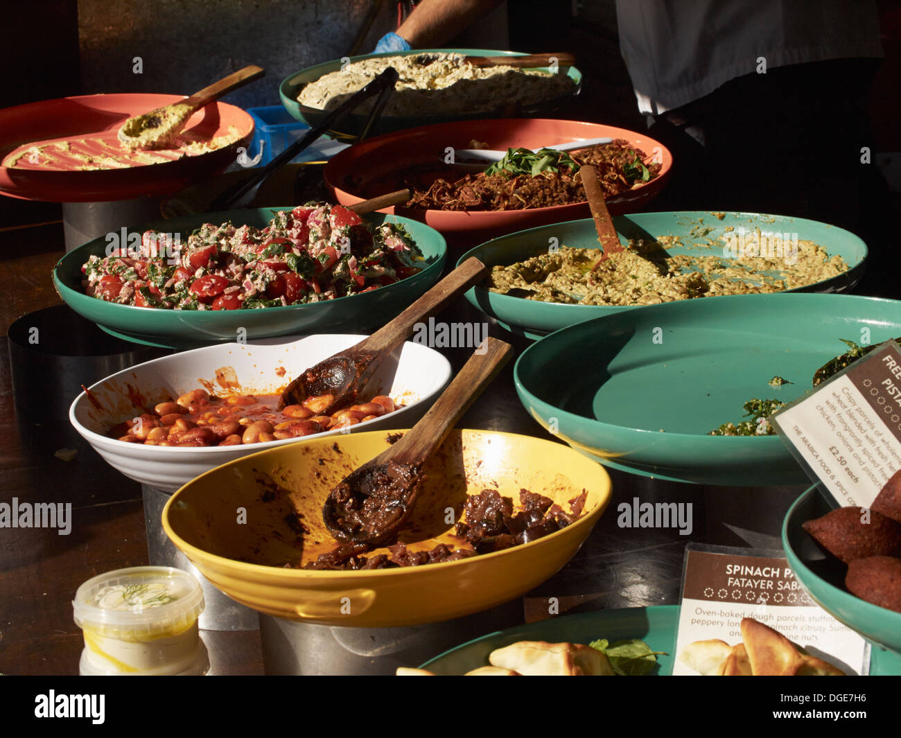 Prepared food on display at the Borough Market, London, England Stock Photo