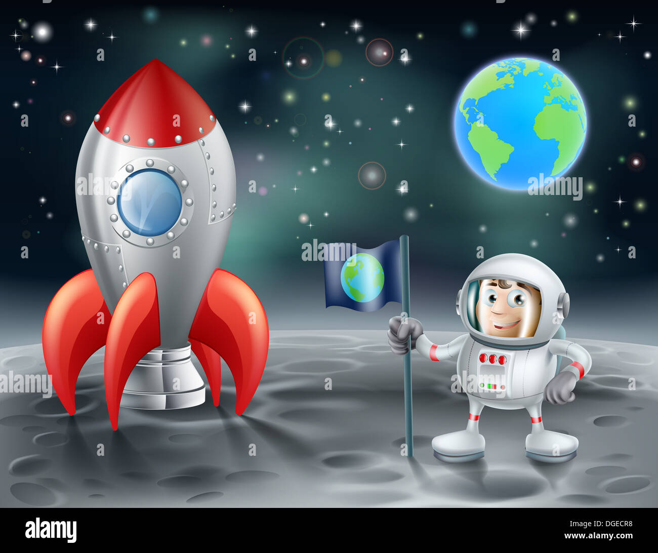 An illustration of a cartoon astronaut and vintage space rocket on the moon with the planet earth in the distance Stock Photo