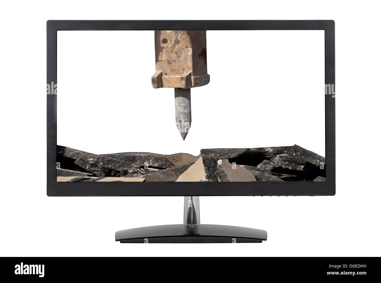 computer monitor Vs. jackhammer arm isolated on white background Stock Photo