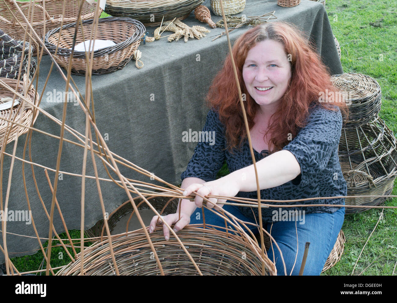Woman demonstrating basket weaving at Washington Heritage and Community Festival. north east England, UK Stock Photo