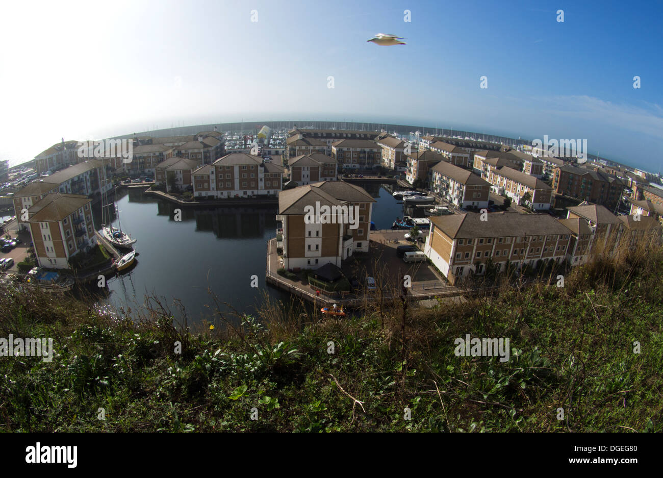 Extreme wide-angle picture of Brighton Marina taken from the cliffs at Roedean, Sussex, UK Stock Photo