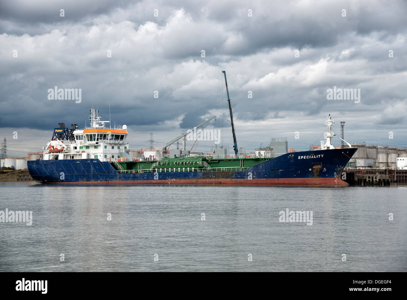 Oil Tanker Fisher Speciality moored at Barking Oil Storage Depot on the river Thames east of London city Stock Photo