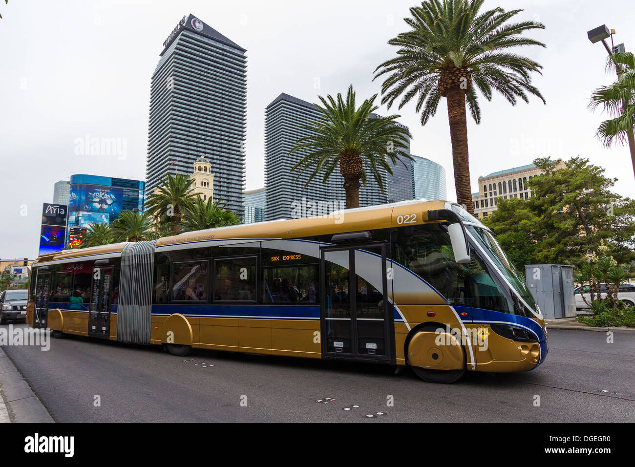 A bus pulling away in as Vegas Boulevard, Stock Photo