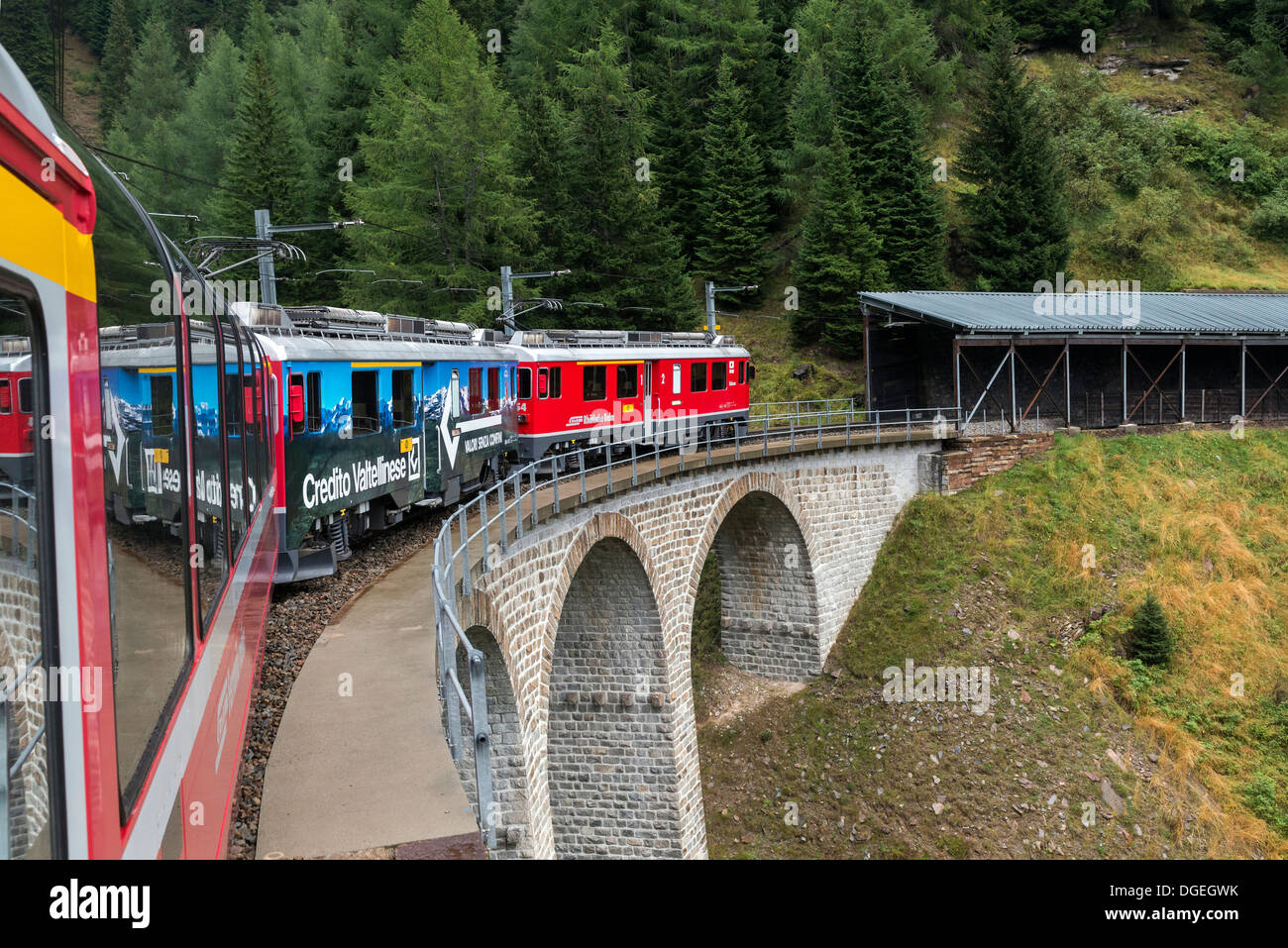 Bernina Express train, Rhaetian Railway, RhB. Switzerland Stock Photo