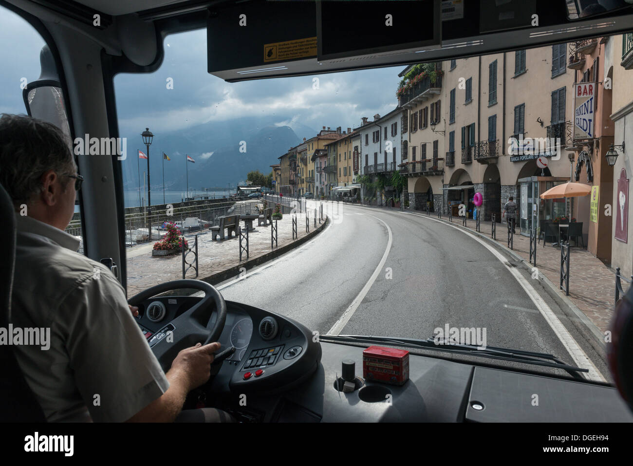 Bernina Express Bus from Tirano to Lugano., passing through Domaso along the banks of Lake Como, Lombardy, Italy Stock Photo