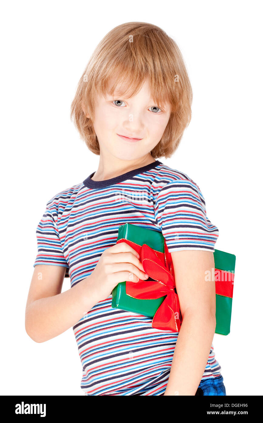Boy Holding a Present - Isolated on White Stock Photo