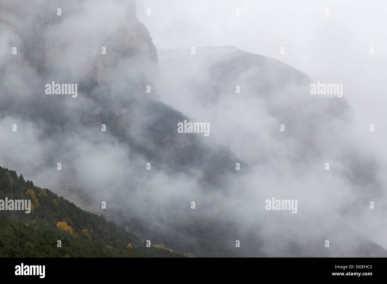 Foggy morning in Ordesa Natural Park at autumn, Huesca, Aragon, Spain, Europe. Stock Photo