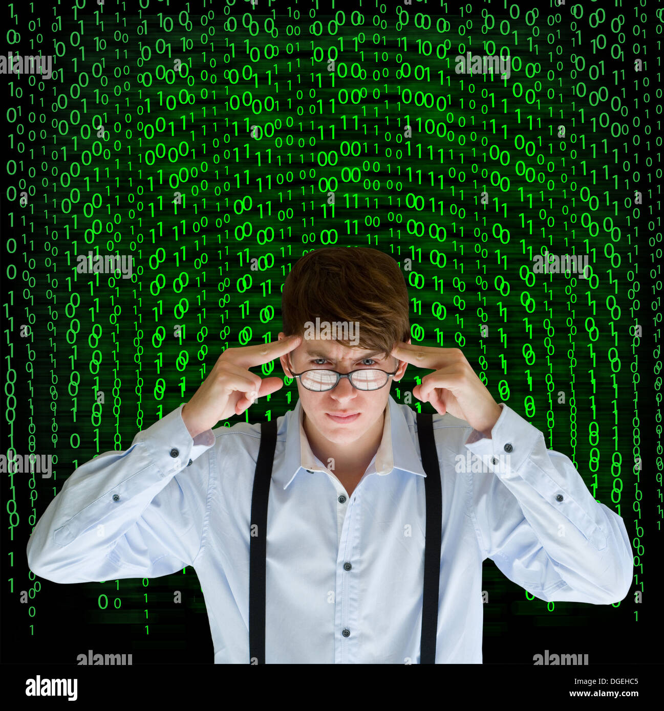 Businessman or teacher with binary on blackboard background Stock Photo