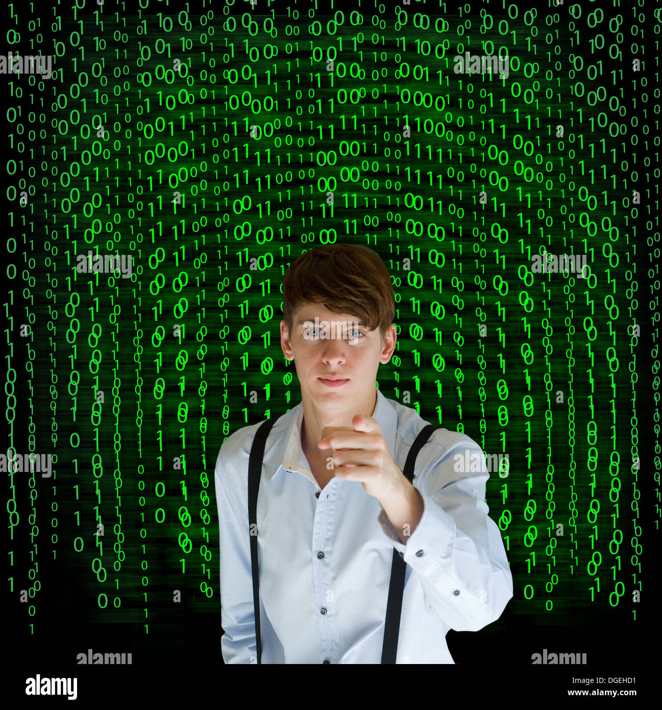 Businessman or teacher with binary on blackboard background Stock Photo