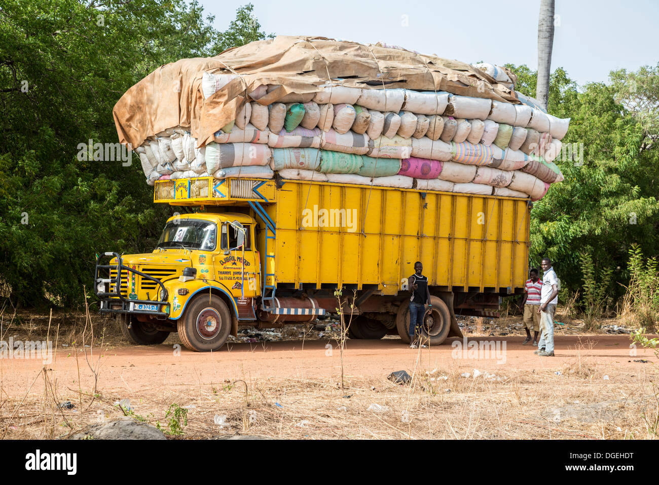 Heavily loaded Truck Carrying Peanuts Near Sokone Senegal Stock Photo 