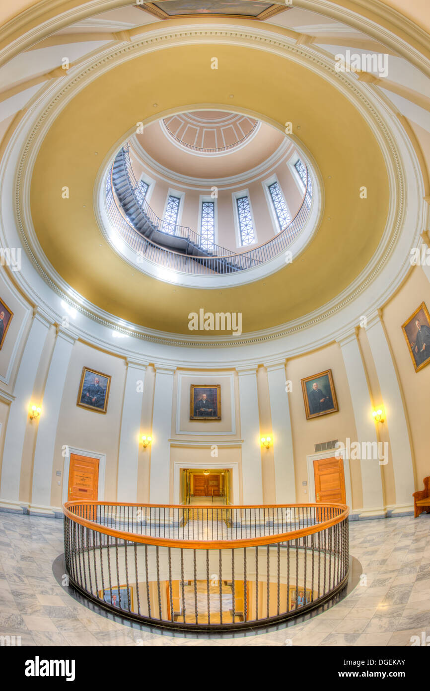 A view of the beautiful rotunda and portrait gallery on the 4th floor of the Maine State House in Augusta, Maine. Stock Photo