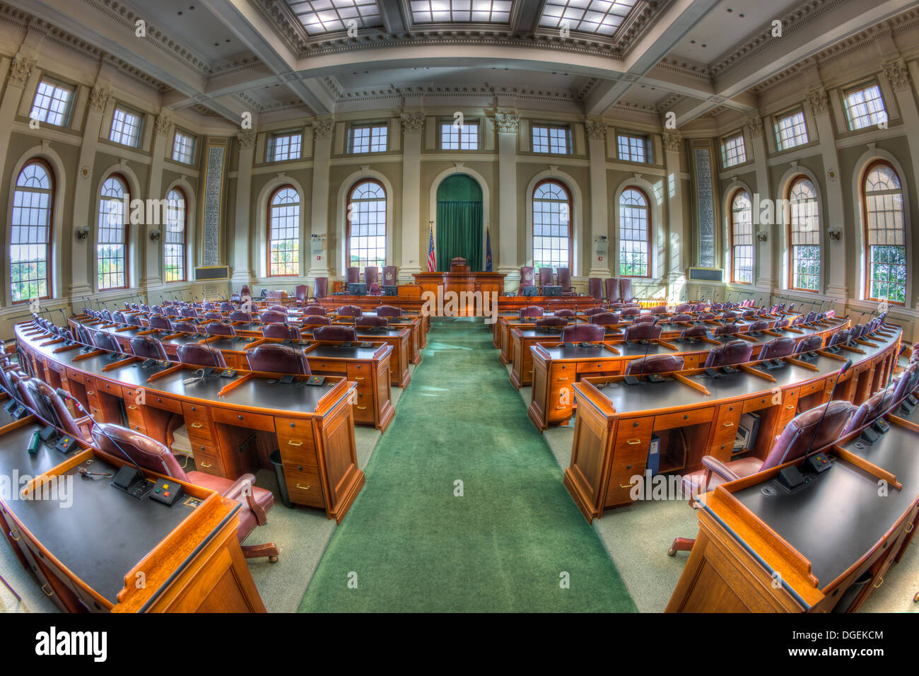 An interior view of the House Chamber in the Maine State House in Augusta, Maine. Stock Photo