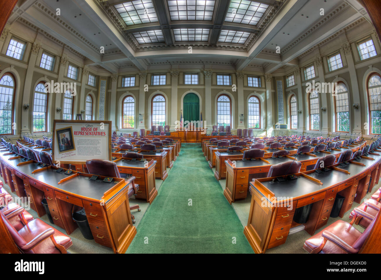 An interior view of the House Chamber in the Maine State House in Augusta, Maine. Stock Photo